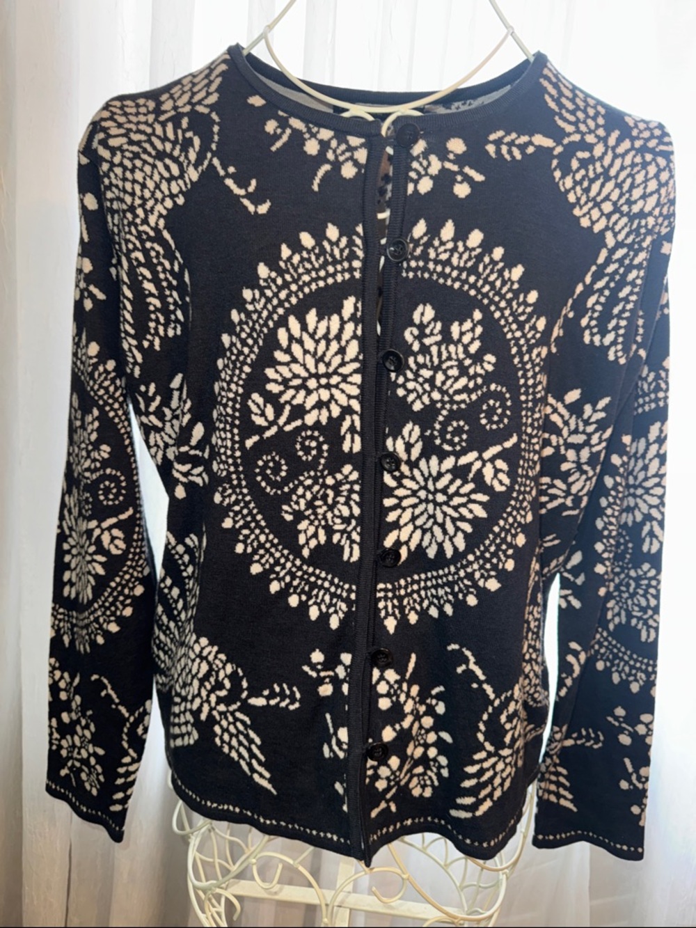 Peruvian Connection Black and Cream Floral-Patterned Cardigan like NEW!